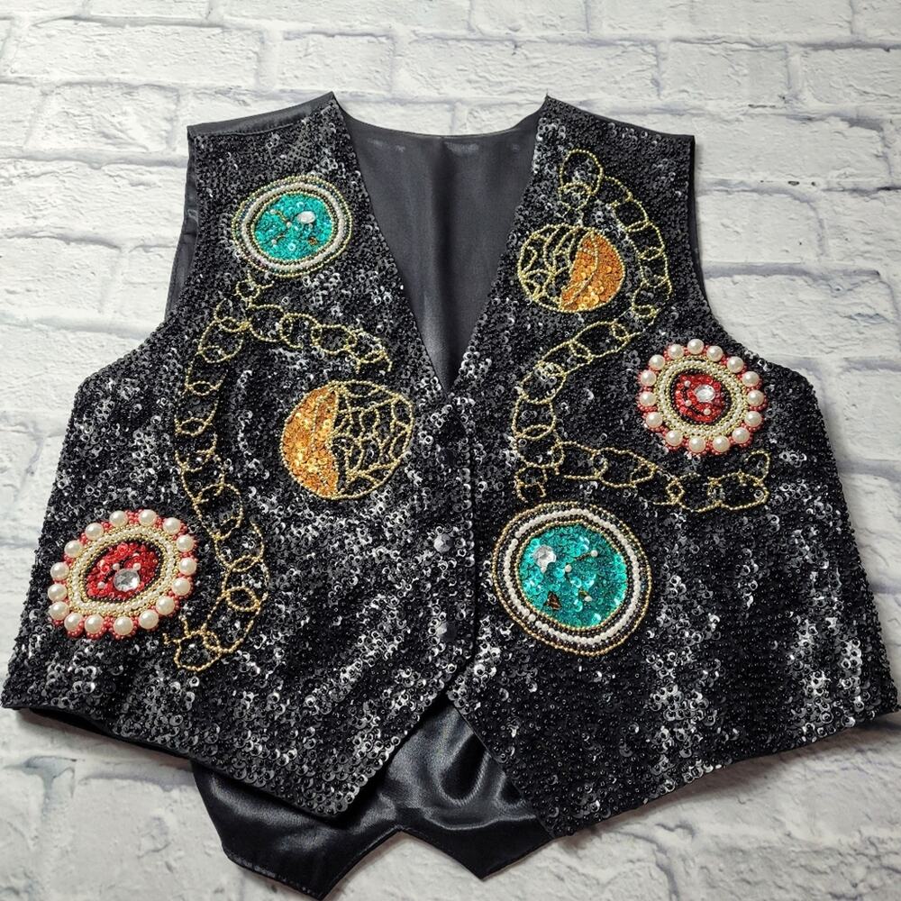Beaded Sequined Bling Holiday Vest Black size Large